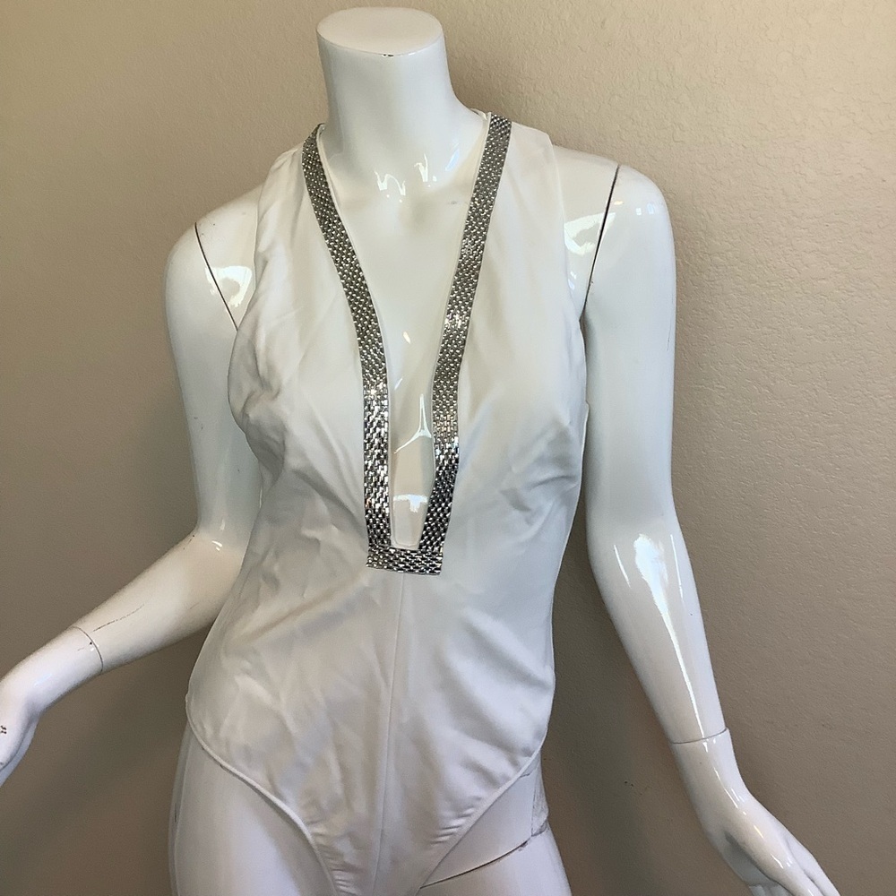 Zara Deep Plunging Rhinestone Trim White Bodysuit